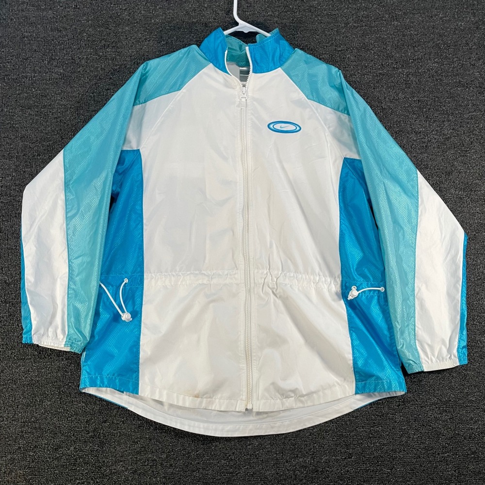 Nike Windbreaker Jacket Women Medium White Turquoise Good Vintage Colorblock 90s
